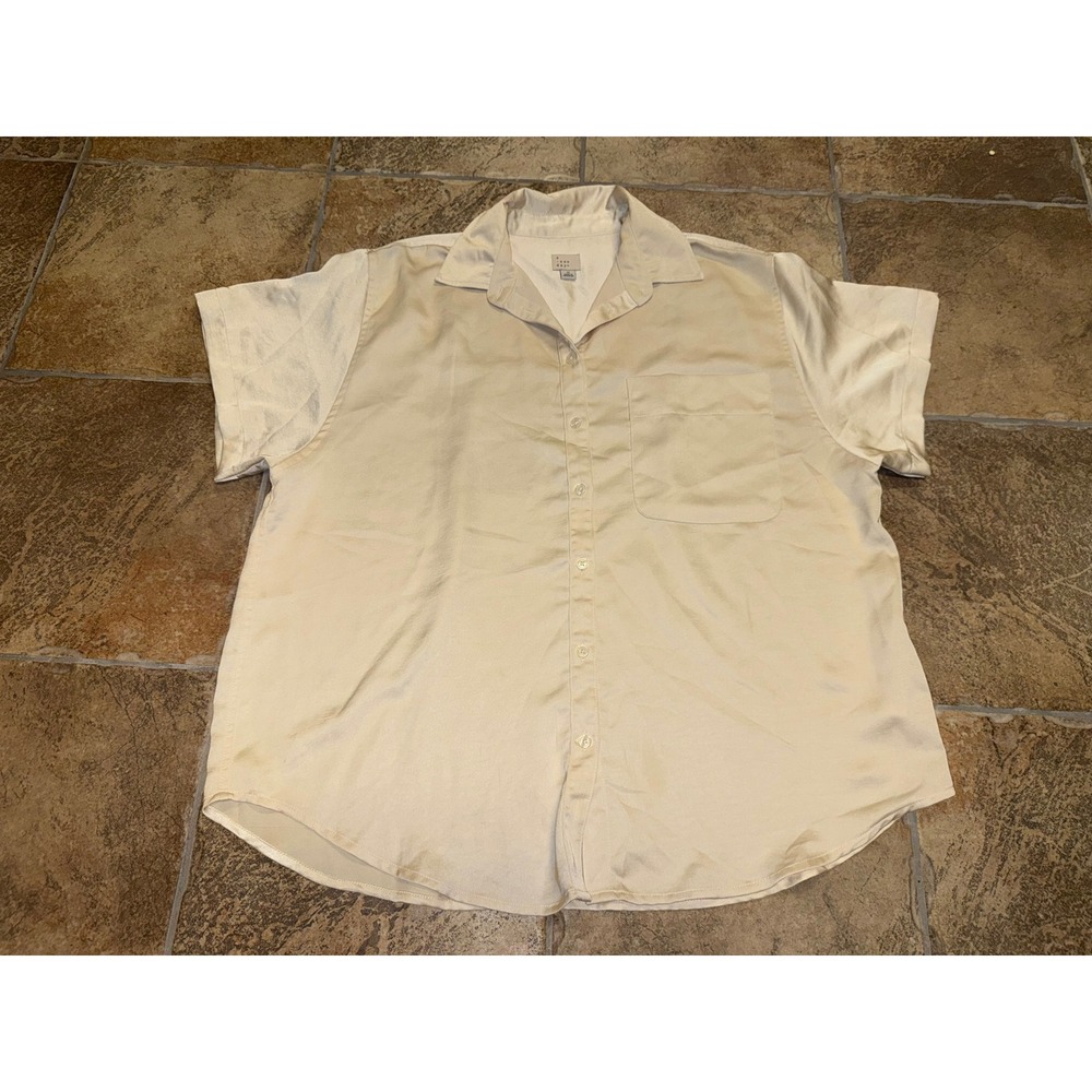 A New Day Womens Champagne Satin Short Sleeve Button Down Camp Shirt XL